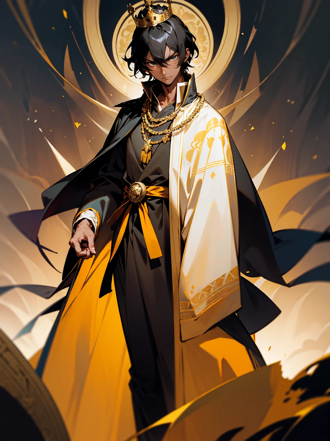 Young male, dark skin, black hair, golden crown, royal robe, serious expression, standing on path, wearing a medallion