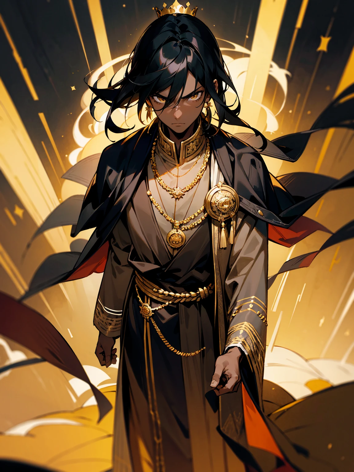 Young male, dark skin, black hair, golden crown, royal robe, serious expression, standing on path, wearing a medallion