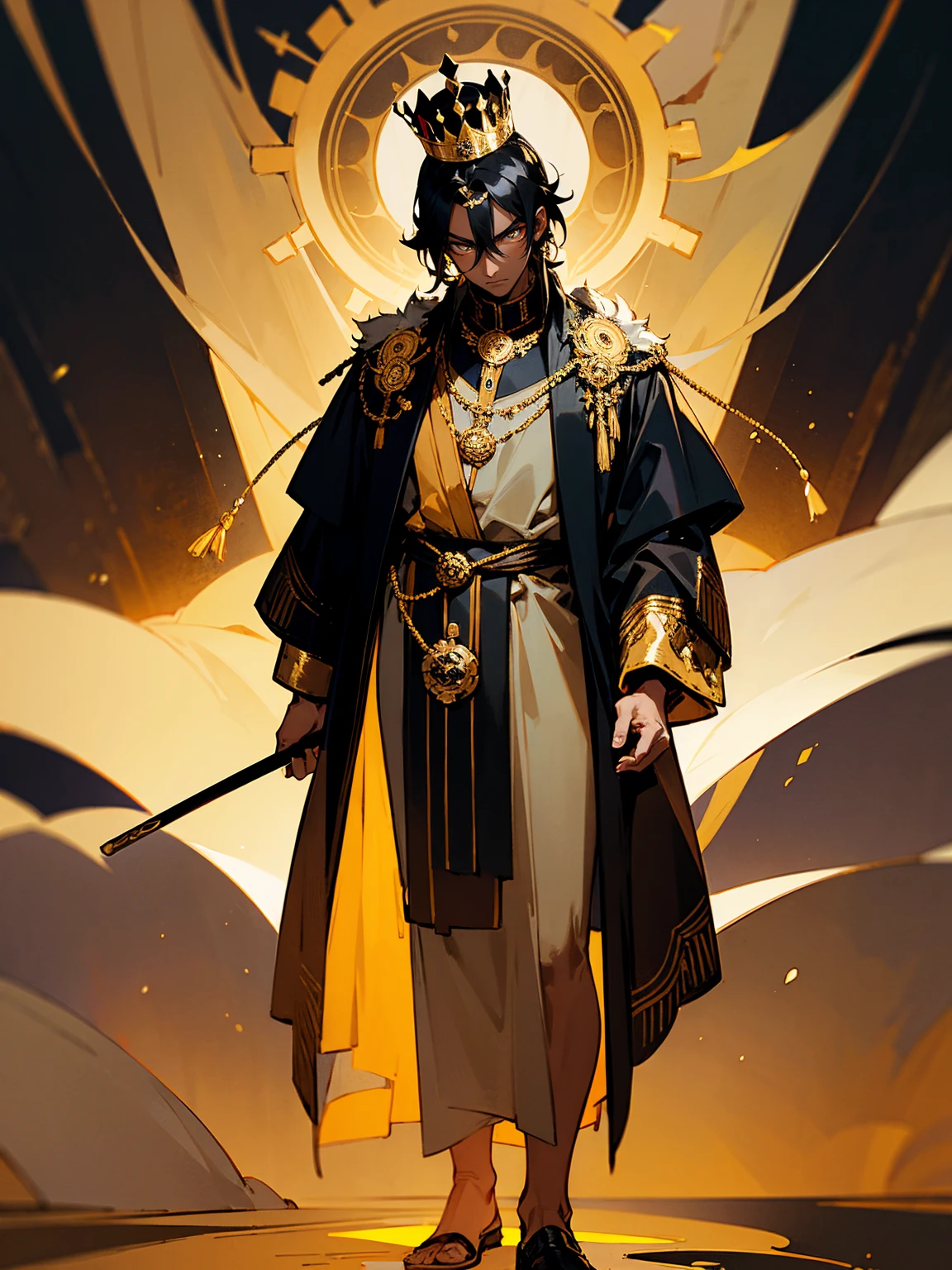 Young male, dark skin, black hair, golden crown, royal robe, serious expression, standing on path, wearing a medallion