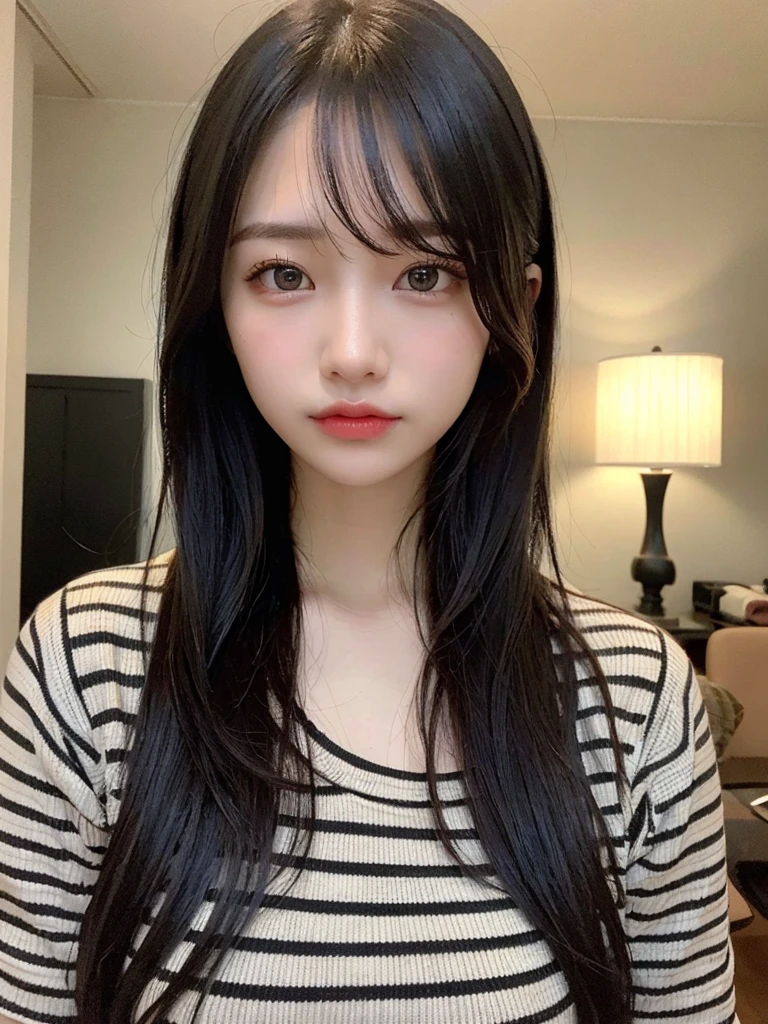 (masterpiece:1.3), (8k, Realistic, RAW Photos, Best image quality: 1.4), 23-year-old girl、(Random Hairstyles:1.2)、Highly detailed face、Attention to detail、double eyelid、Sharp focus:1.2、Beautiful woman:1.4、Black Hair、Highest quality、masterpiece、Ultra-high resolution、(Realistic:1.4)、Highly detailed and professional lighting、Striped shirt、thin、Long black hair、Deadly position、Beautiful Skin、Random Pause、Shiny Hair、Sculpture model pose、Japanese