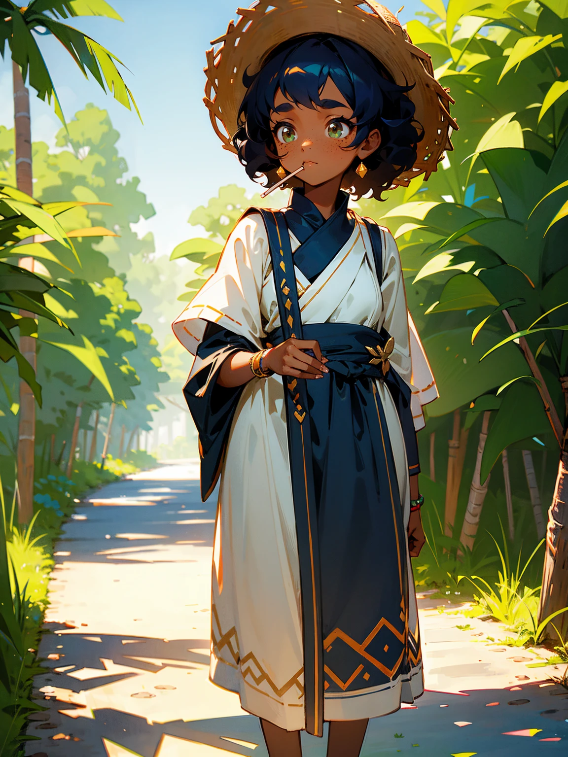  female, dark skin, curly hair, freckles, simple tunic, curious look, standing on path, with a straw hat