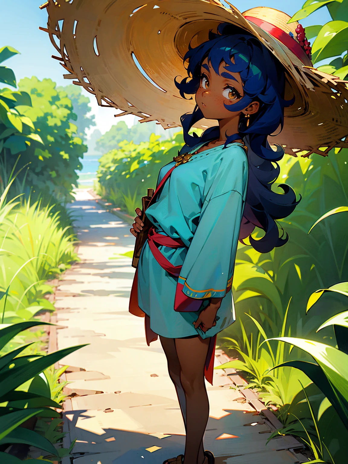 age female, dark skin, curly hair, freckles, simple tunic, curious look, standing on path, with a straw hat