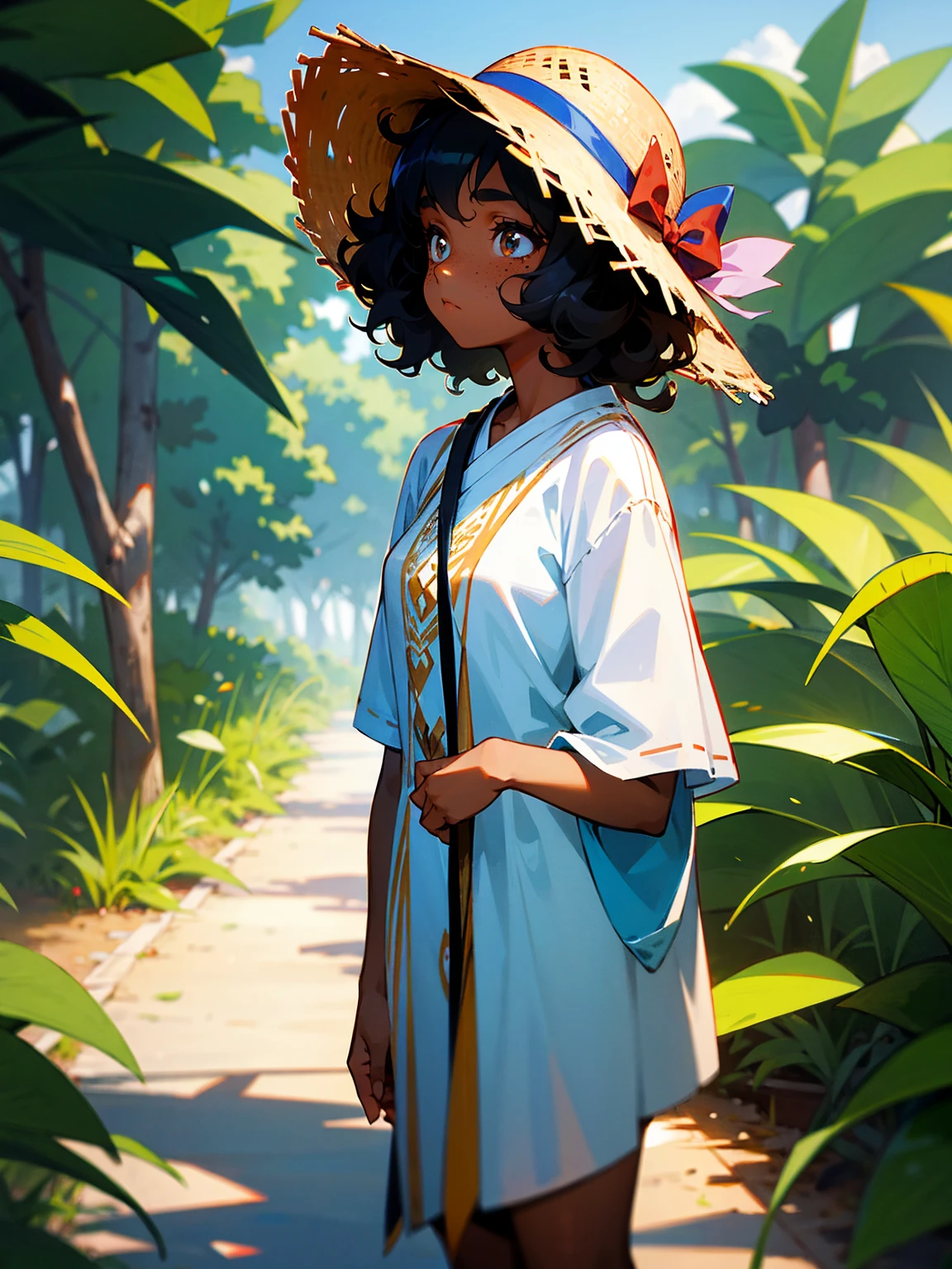 Teenage female, dark skin, curly hair, freckles, simple tunic, curious look, standing on path, with a straw hat