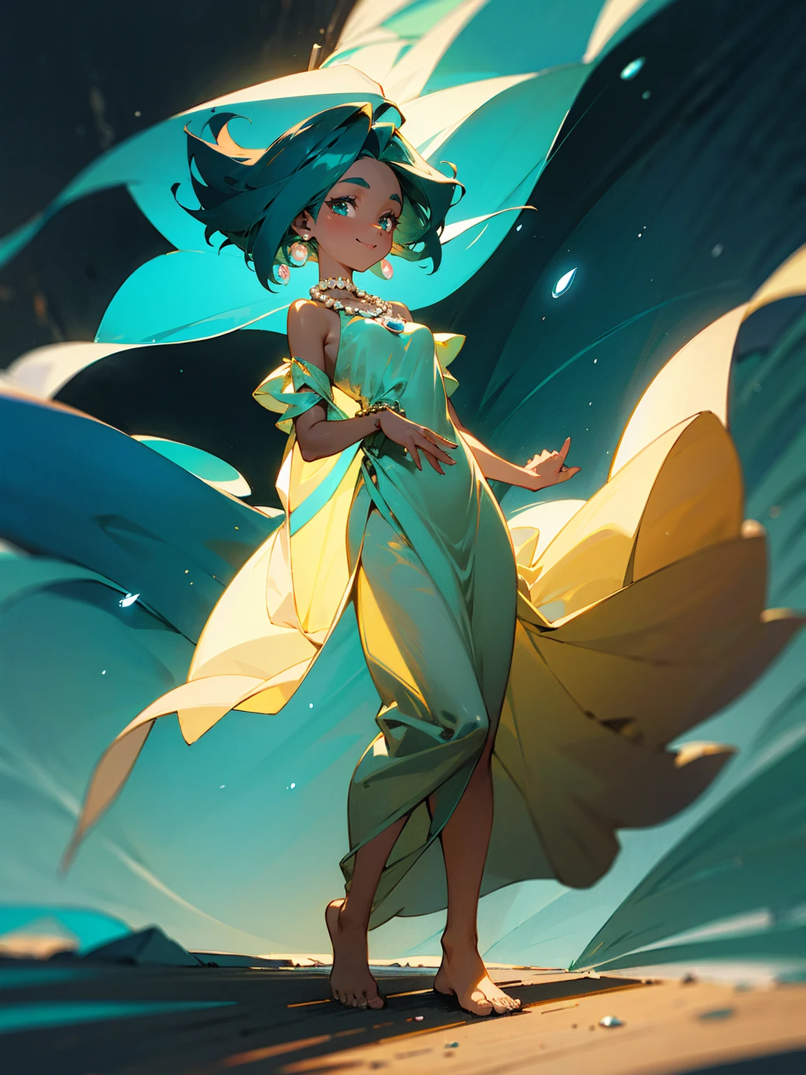 Young female, dark skin, teal hair, glowing aura, silk dress, serene smile, standing on path, with a pearl necklace