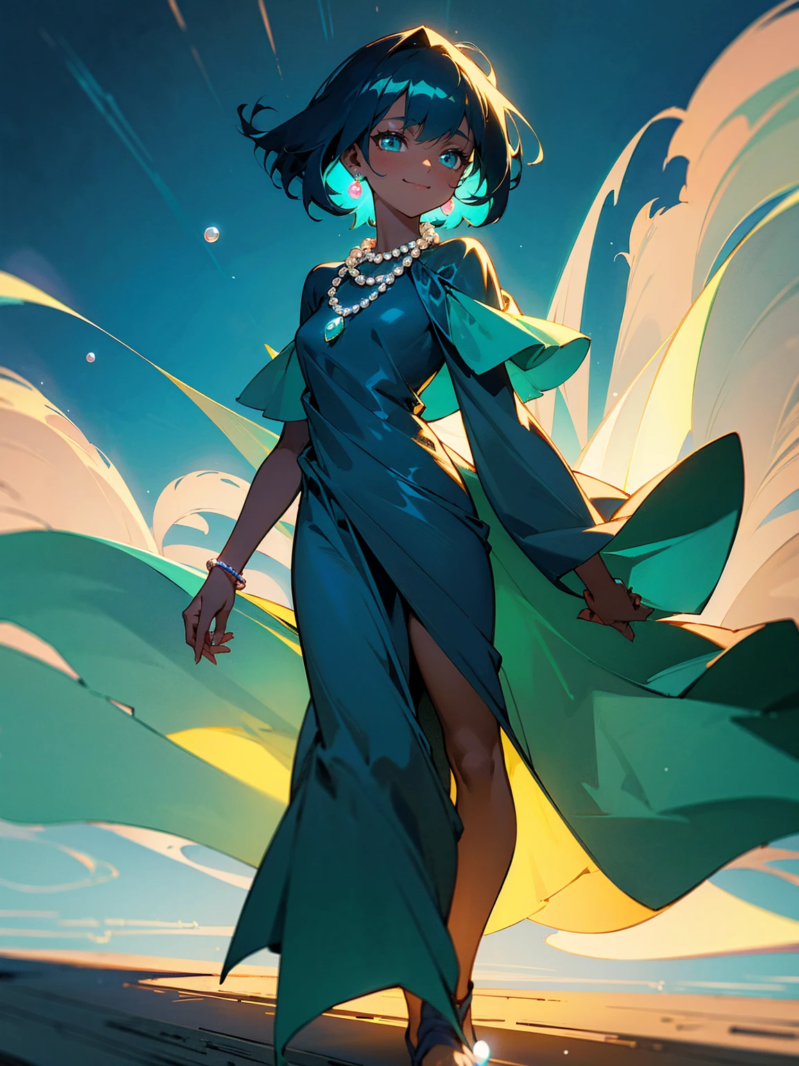 Young female, dark skin, teal hair, glowing aura, silk dress, serene smile, standing on path, with a pearl necklace
