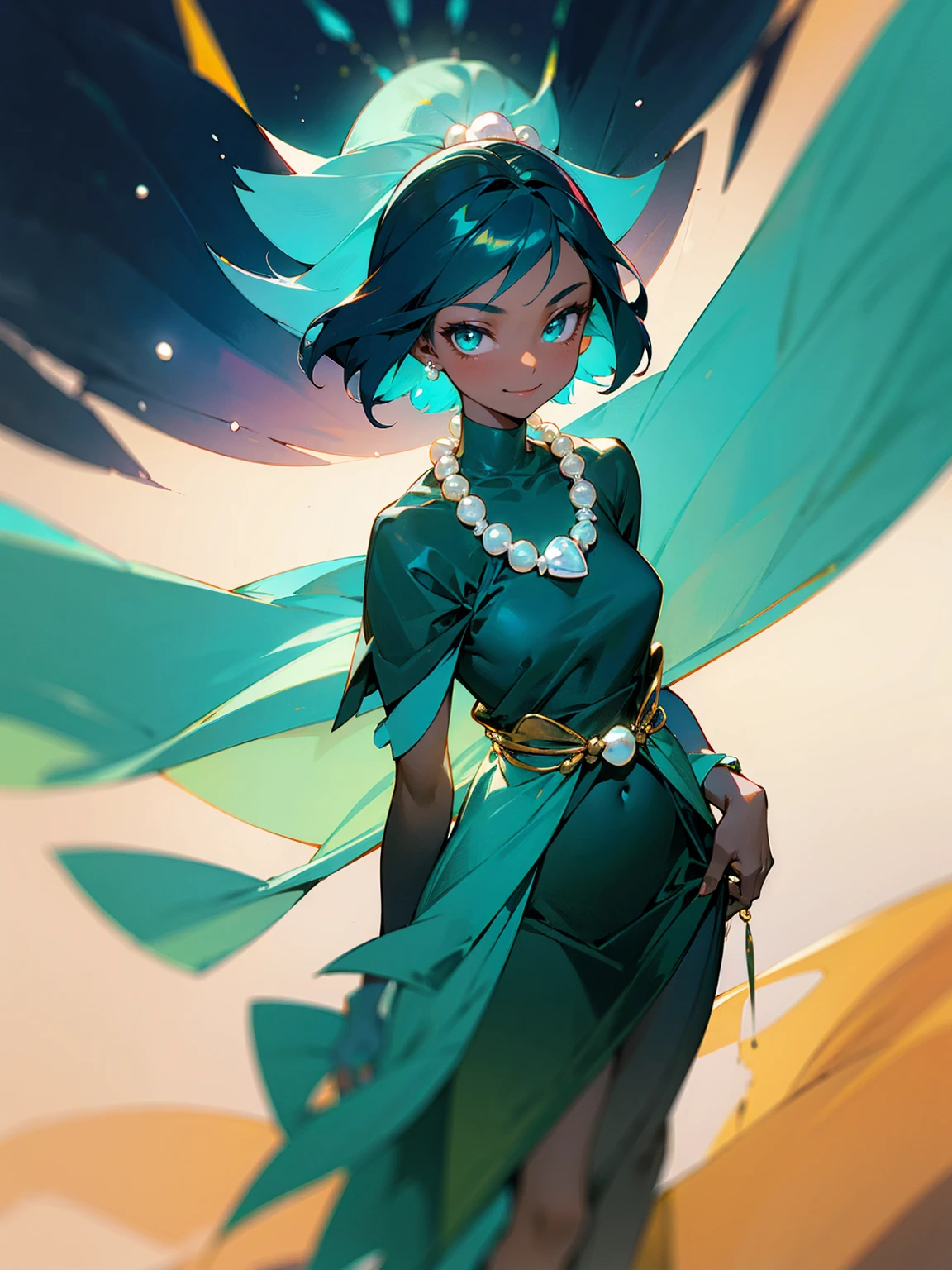 Young female, dark skin, teal hair, glowing aura, silk dress, serene smile, standing on path, with a pearl necklace