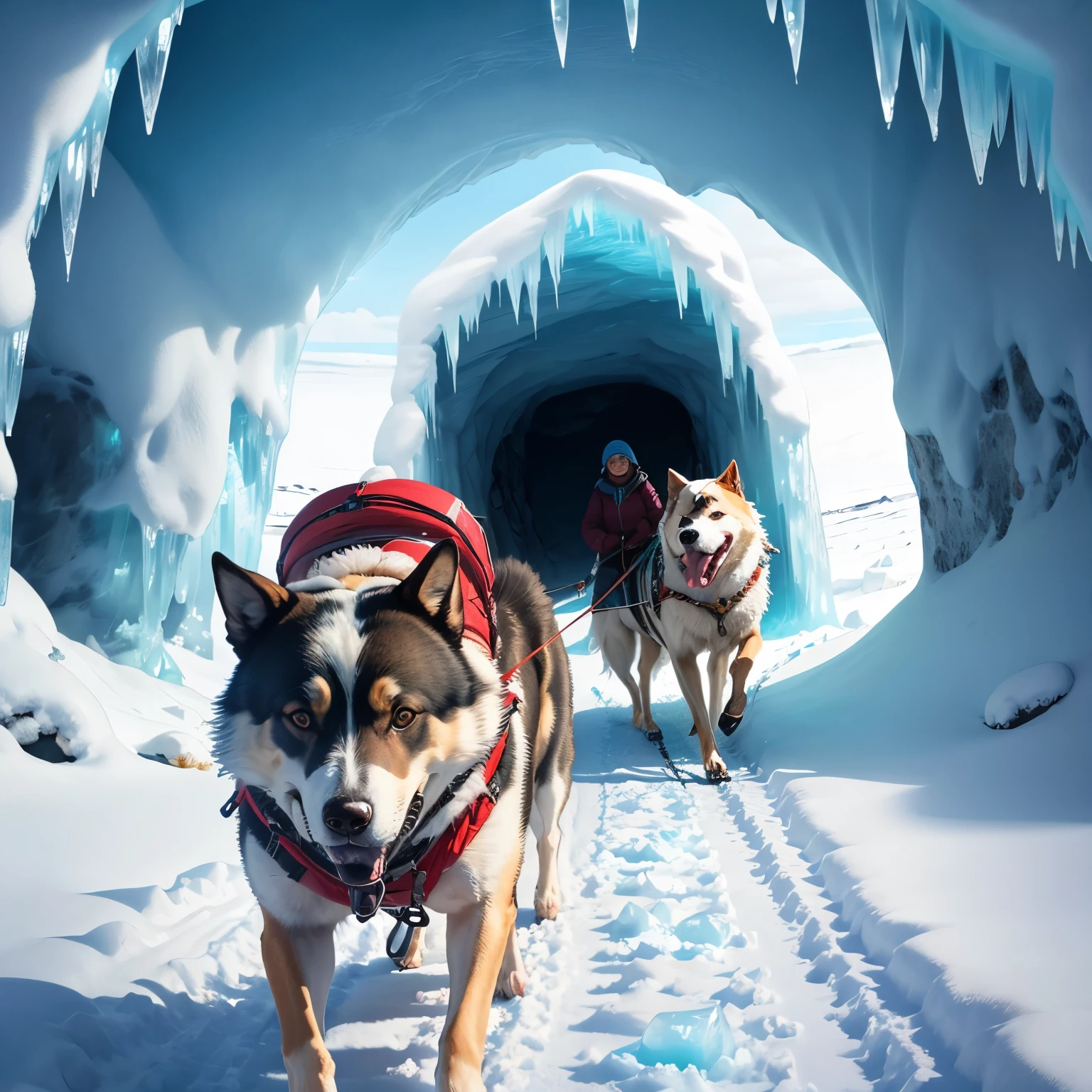 An explorer named Lara, dressed in cold clothes, on a dog sled, in the Arctic, in front of an ice cave.