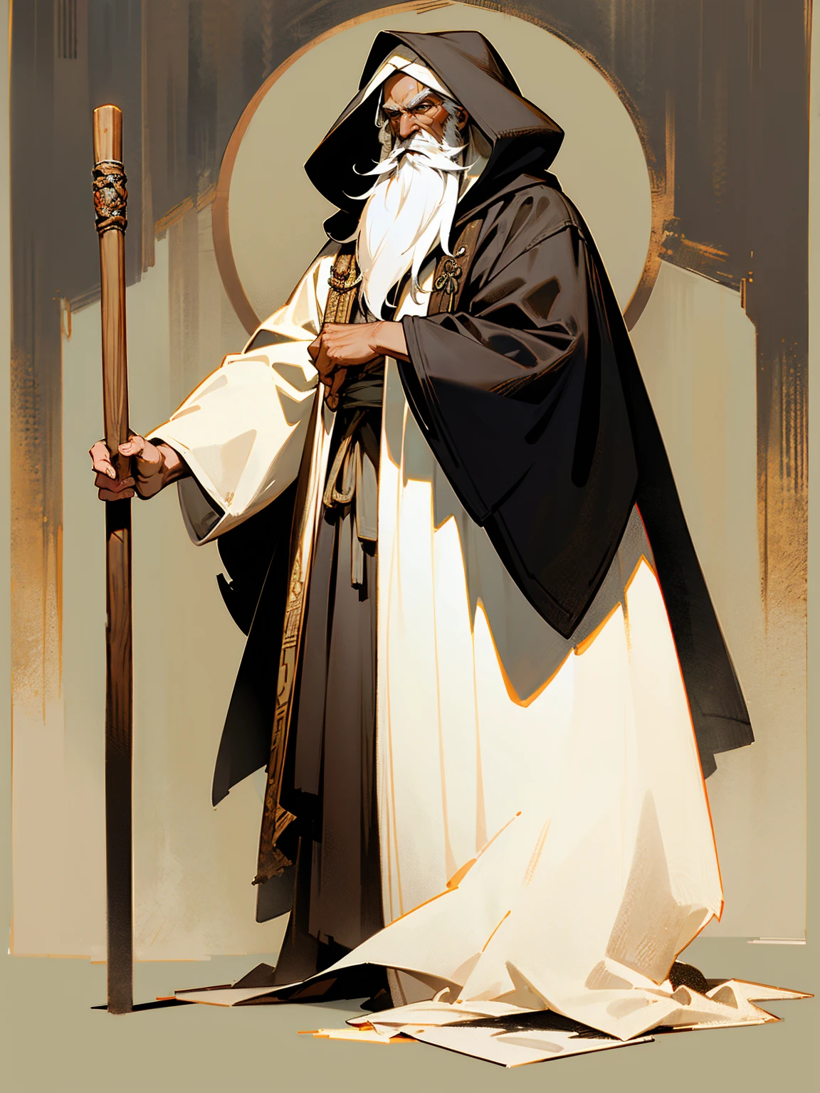 Older male, dark skin, long white beard, hooded cloak, wise gaze, standing on path, with a wooden cane