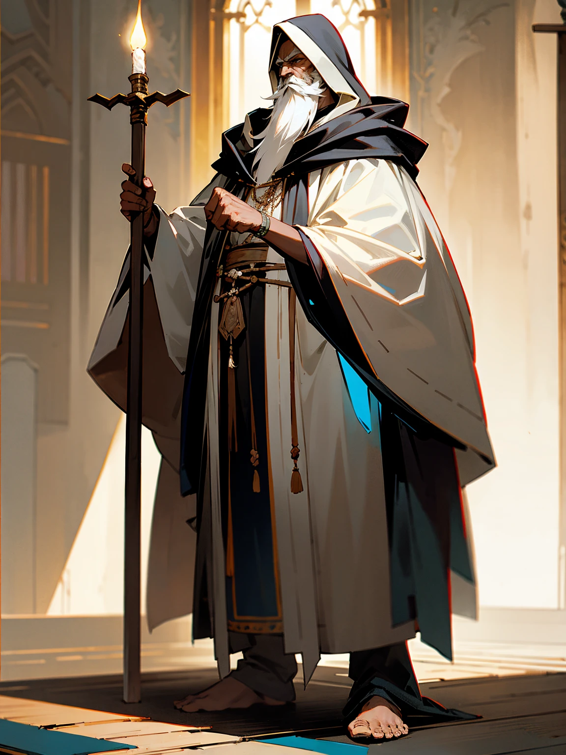 Older male, dark skin, long white beard, hooded cloak, wise gaze, standing on path, with a wooden cane