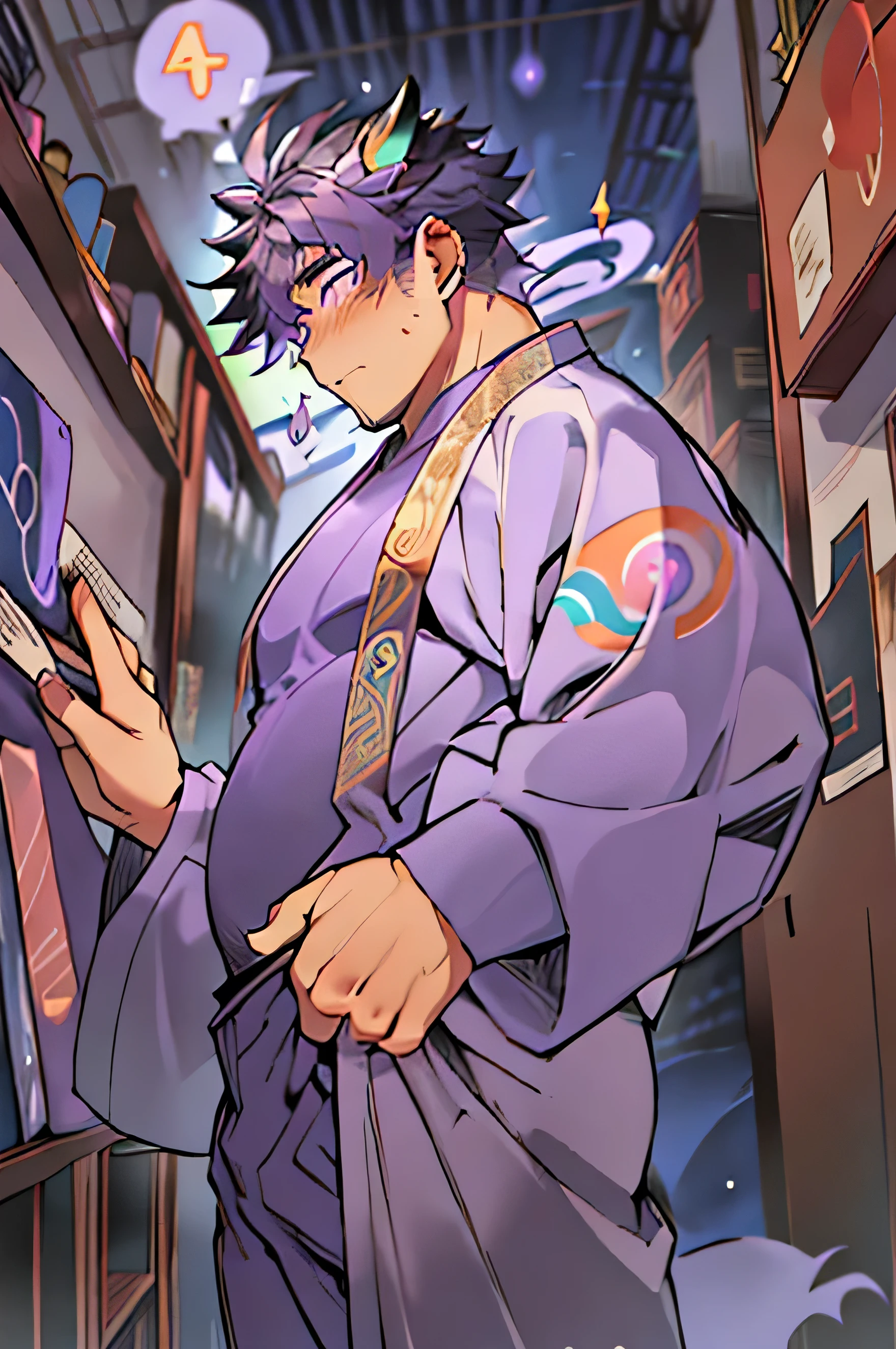 ((best qualityer)), ((work of art)), (detailded), 1 fat Asian boy, 1,67 tall, purple clothes and psychic and supernatural pores in the background symbols of magic {fat body} {bright purple hair and eyes}