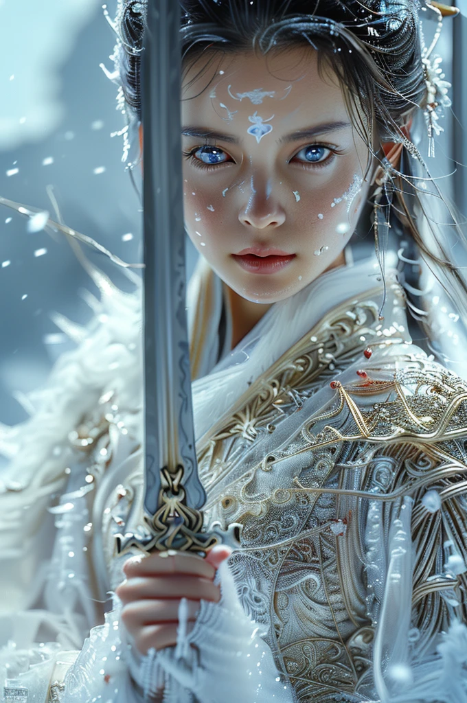 Perfect composition golden ratio，masterpiece，best quality，4K，Clear focus．Better Hands，Perfect anatomical structure，swordswoman,1 Girl,snow,winter,sword,