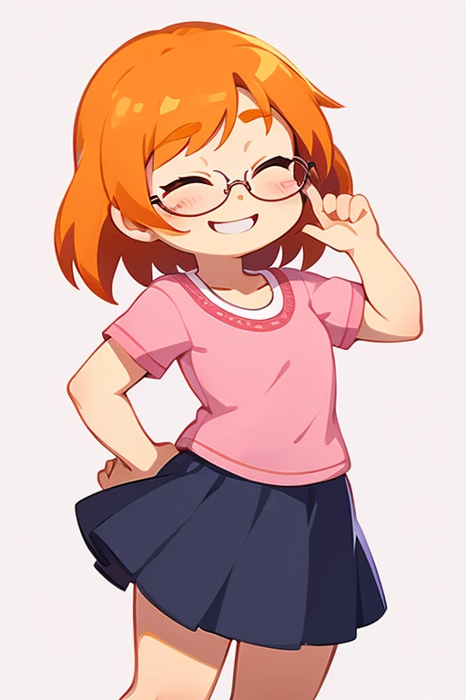 Meilin Lee, orange hair, glasses, pink shirt, skirt, smiling, eyes closed