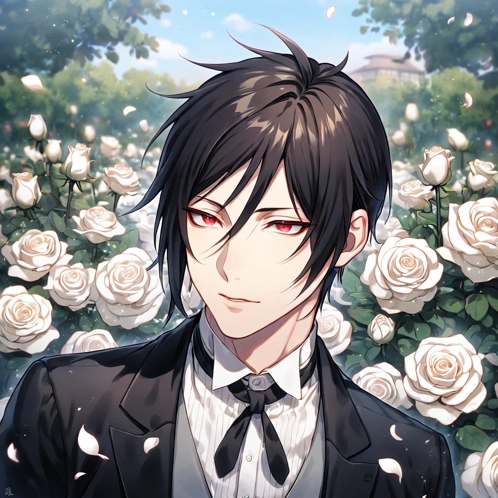 Ultra detailed, Highres, absurdres, HDR, master piece, best quality, Sebastian Michaelis, black hair, expressive red eyes, black jacket, grey vest, white shirt, Kuroshitsuji, sexy man, white petals, white roses, garden, handsome, sensual, garden of roses, white gloves, Black Butler,