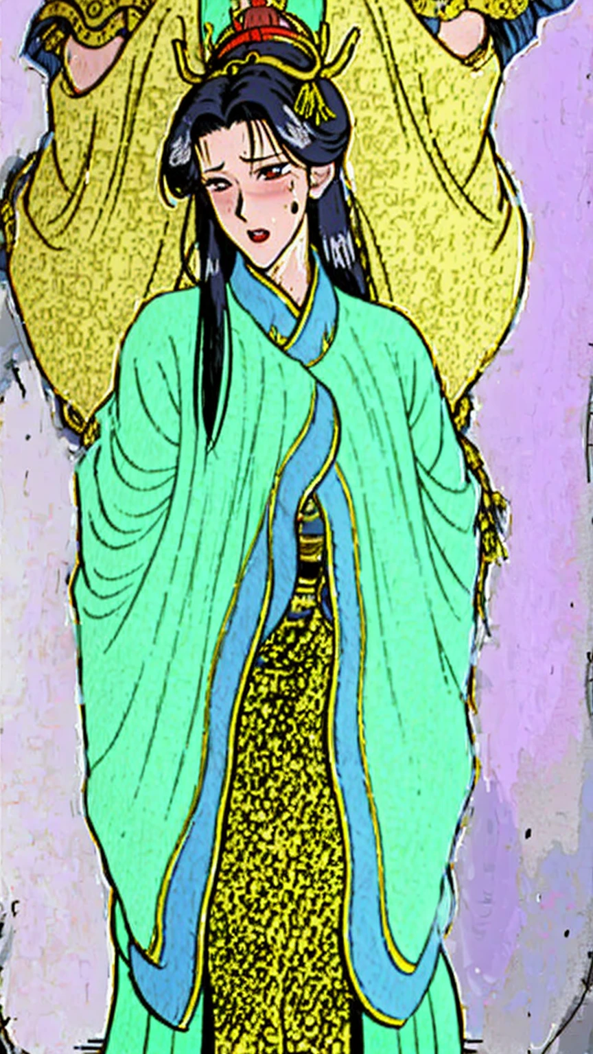 (best quality), (very aesthetic), (ultra-detailed), (best illustration),(a mature female),(perfect face),Mrs. Mi,Ryūūden,(((NSFW))),((full_body)),((full_NUDE),(Woman with pubic hair),red cheek,sweating,skinny,flushed skin,(standing),traditional Chinese bedroom,