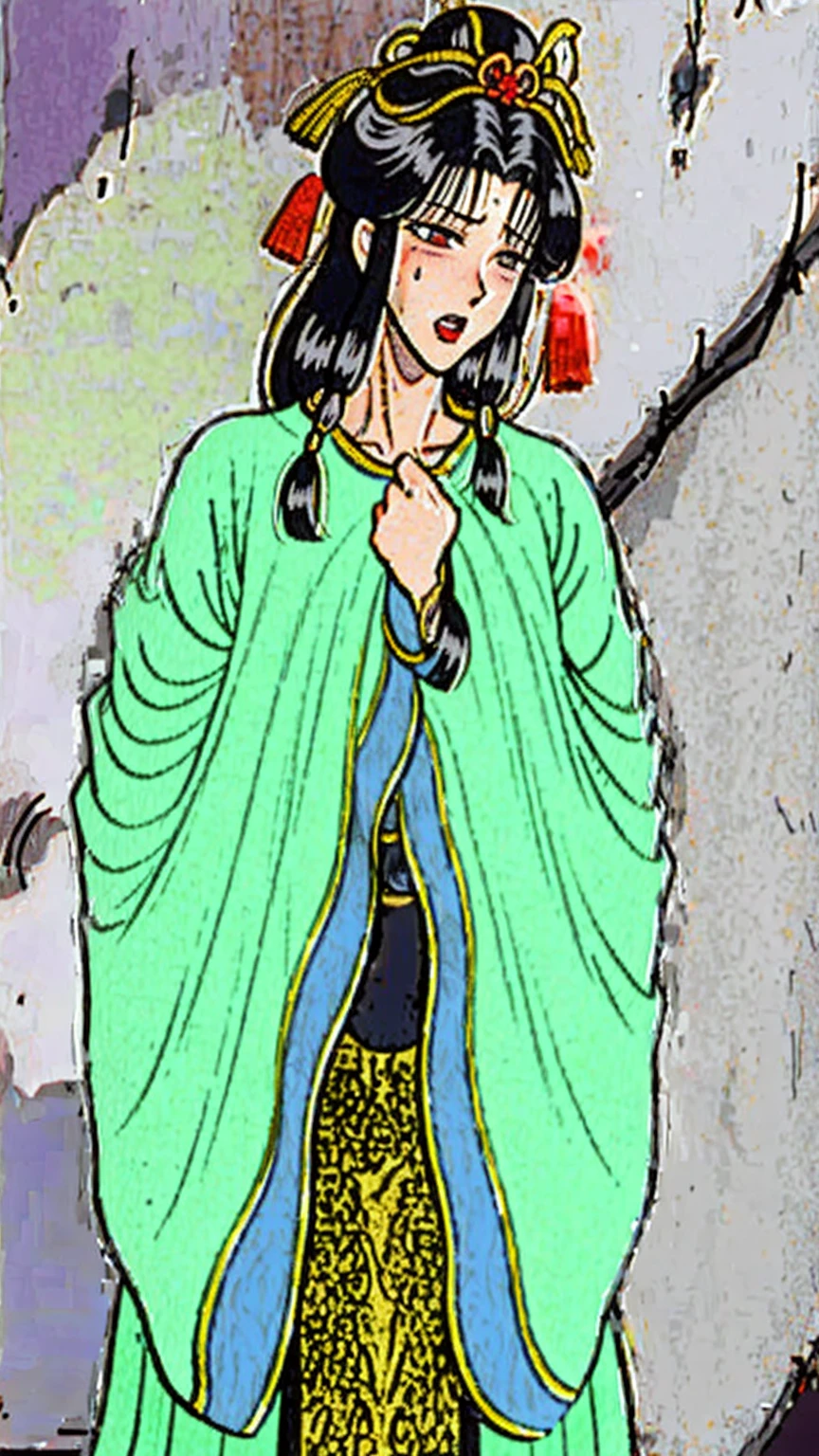 (best quality), (very aesthetic), (ultra-detailed), (best illustration),(a mature female),(perfect face),Mrs. Mi,Ryūūden,(((NSFW))),((full_body)),((full_NUDE),(Woman with pubic hair),red cheek,sweating,skinny,flushed skin,(standing),traditional Chinese bedroom,