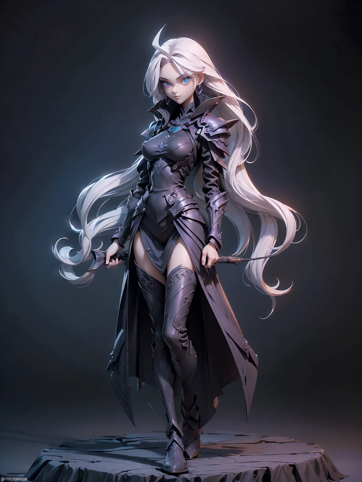 (((masterpiece, best quality, high detailed, 16k))) (1girl) A breathtakingly beautiful young slender girl with long flowing stylish white hair and piercing blue eyes. She wears a demonic armor in purple black and white. wields a large stylized scythe. ((full body view))