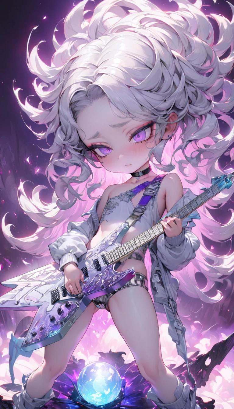 beautiful woman, plays star-shaped electric guitar with deformed body, cool and sadistic, amorous and lewd face, looking down with a cold gaze, make-up, beautiful messy white wavy hair, great proportion, wearing heavy metal fashion, choker, (ultra detailed, absolutely resolution, best quality:1.3), 2.5D, delicate and dynamic, shading effects, background purple and black cosmic rays illuminated by a large transparent crystal ball