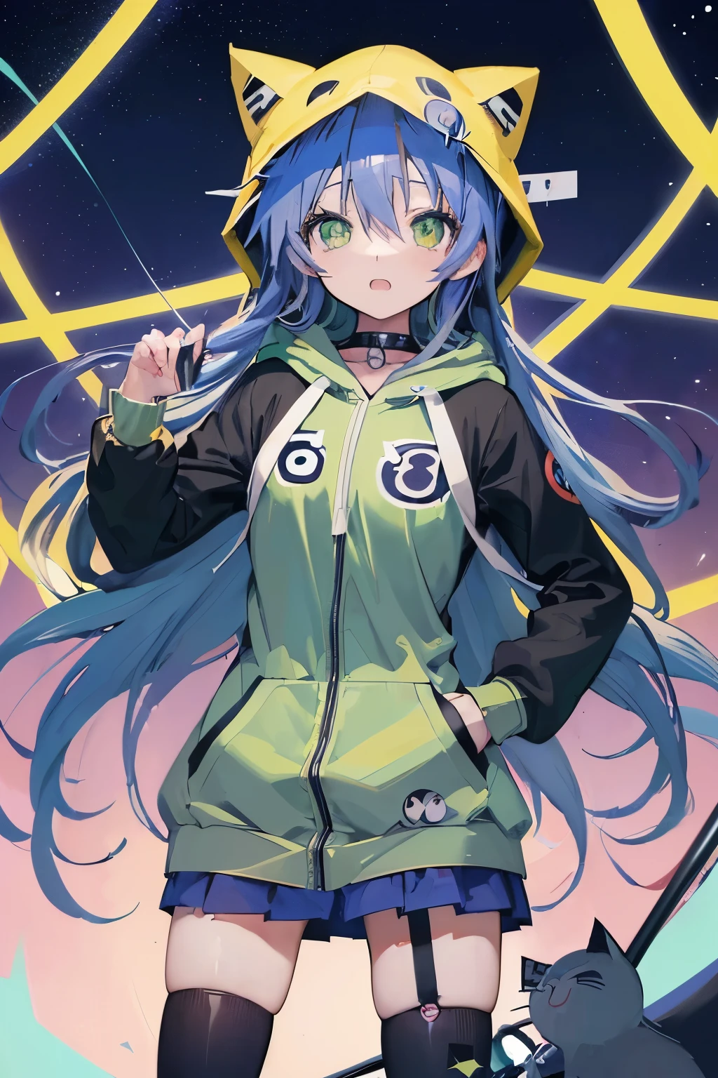 (anime art of (Konata Izumi from lucky star), (green eyes), long flowy hair, cat ear hoodie, (Danganronpa 2),:1.2), masterpiece, 4k, best quality,