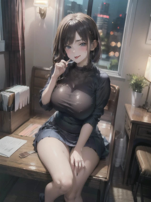 ((Highest quality)), ((masterpiece)), (detailed), One Girl,(Knee-length),whole body,Big Breasts,Black knit,mini skirt,22-year-old woman,((Hunchback)),(Naughty look),short hair,(Loose perm),((Excited expression)),Browsing Caution,nswf Japanese,(Attractive look),(Stick out your tongue cutely),night,One middle-aged man,president,office,((president室)),(presidentと2人っきり,Deep Kiss,Close Contact,A deep kiss,(presidentにお尻を触られて)