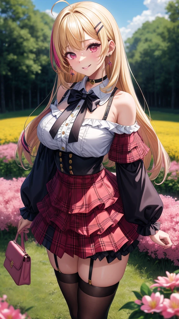 1girl, solo, blonde hair, scene hair, hair clips, pink streaks, streaky hair, long hair, off shoulder shirt, outdoors, flower field, forest, beautiful sky, plants, jirai kei, bare shoulder, microskirt, plaid skirt, garter belt, earrings, thick lips, pink eyes, layered hair, huge breasts, long sleeves, thick thighs, (anime:1.2), blunt bang, eye makeup, choker, bowtie, standing, handbag, pearl earrings, cowboy shot, head tilt, smile,