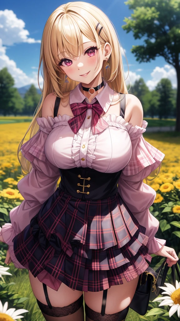 1girl, solo, blonde hair, scene hair, hair clips, pink streaks, streaky hair, long hair, off shoulder shirt, outdoors, flower field, forest, beautiful sky, plants, jirai kei, bare shoulder, microskirt, plaid skirt, garter belt, earrings, thick lips, pink eyes, layered hair, huge breasts, long sleeves, thick thighs, (anime:1.2), blunt bang, eye makeup, choker, bowtie, standing, handbag, pearl earrings, cowboy shot, head tilt, smile,