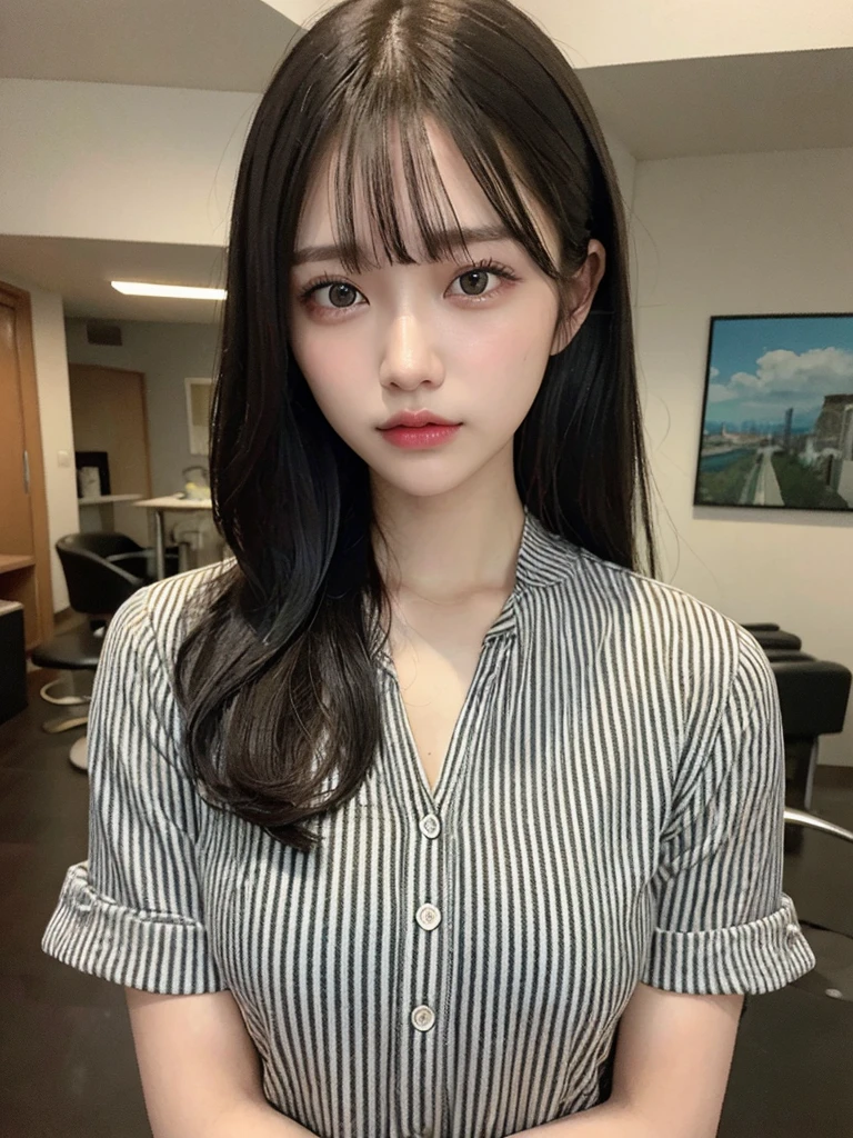 (masterpiece:1.3), (8k, Realistic, RAW Photos, Best image quality: 1.4), 23-year-old girl、(Random Hairstyles:1.2)、Highly detailed face、Attention to detail、double eyelid、Sharp focus:1.2、Beautiful woman:1.4、Black Hair、Highest quality、masterpiece、Ultra-high resolution、(Realistic:1.4)、Highly detailed and professional lighting、Striped shirt、thin、Long black hair、Deadly position、Beautiful Skin、Random Pause、Shiny Hair、Sculpture model pose、Japanese