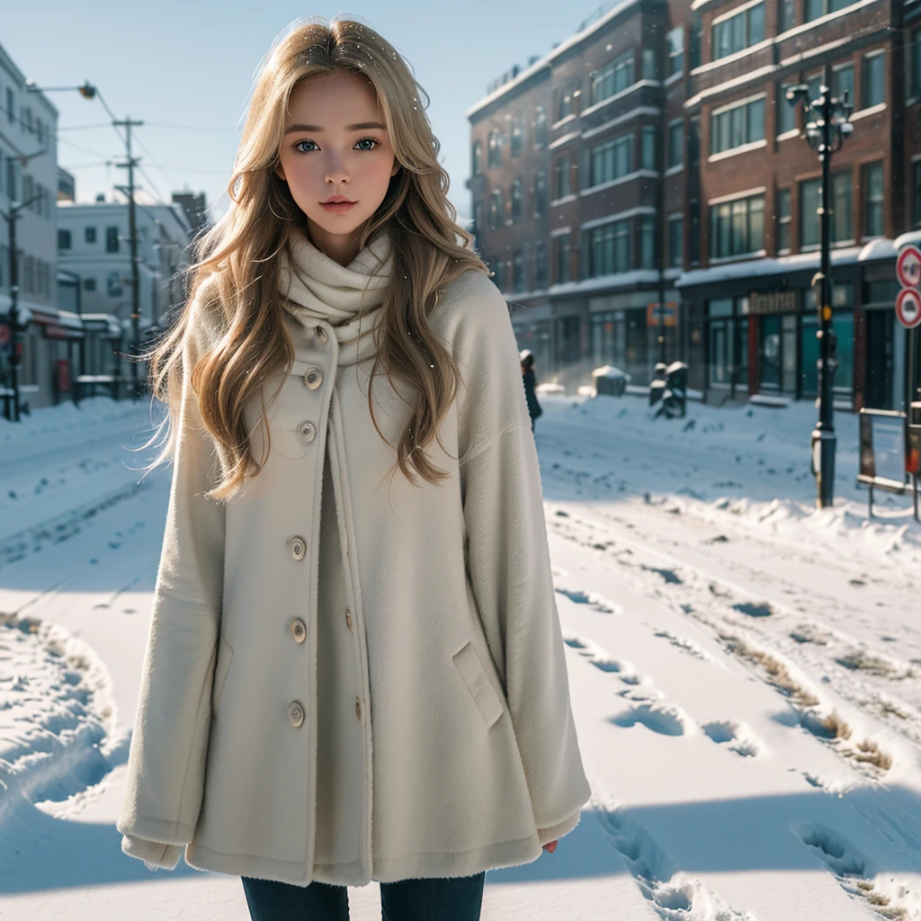 ProFessional portrait photo oF a beautiFul Norwegian girl in winter clothes with long wavy blond hair, sultry Flirtatious look, BeautiFul symmetrical Face, Cute and natural makeup, elegante, Dress warmly in winter fashion, ((Standing on a snowy city street)), Stunning modern urban environment, Surreal, Concept map, elegant, Very detailed, complicated, keen focus, Depth oF Field, F/1. 8, 85 mm, Mid-shot, Mid-shot, (((professionally color graded))), Pour out, Soft, diffuse light, (Volumetric Fog), Trending on Instagram, hdr 4k, 8K