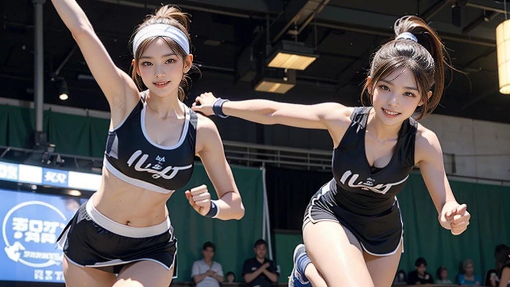 A 20-year-old woman is running, Sports Truck,Soft lighting, head band,Perfect Face,smile,Perfect figure, Ponytail hairstyle, Sporting goods,Spandex mini skirt,Huge breasts,Narrow shoulders, Wide Hips