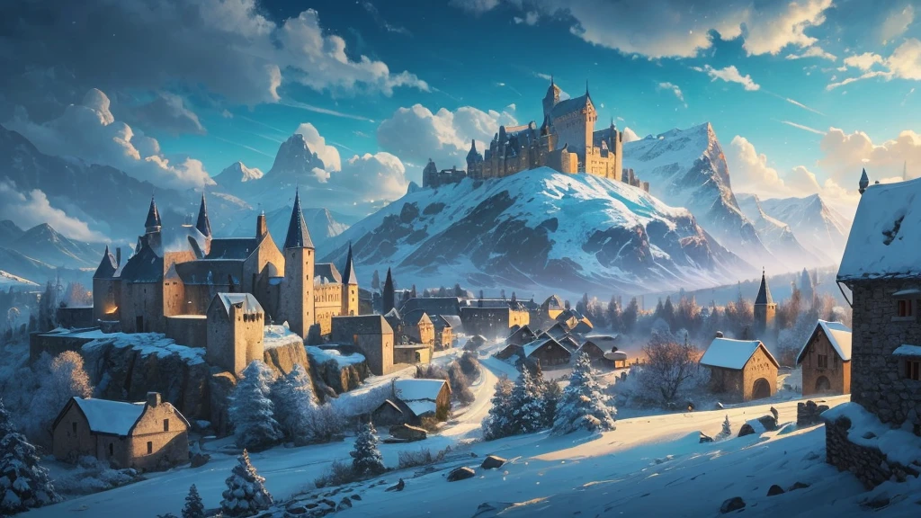A medieval village set in a vast countryside with a traditional stone castle, in the background there are mysterious ice mountains with a gloomy atmosphere, Already in the village the sky is blue and clear