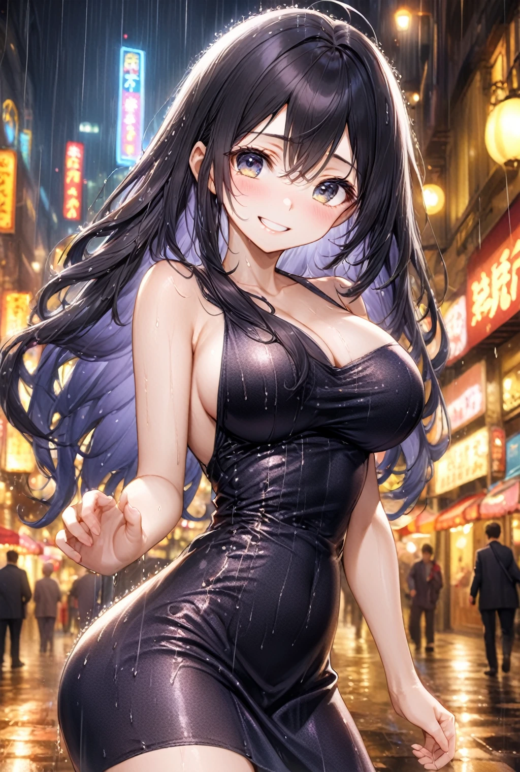 (Highest quality, 8k, 32K, masterpiece, Ultra-high resolution,:1.2),to be born, One Girl,So cute , Fantasy background like a busy downtown at night, clear, Shining Eyes, Age 25 ,Fair skin, Girl with black hair, Slanted Eyes, , An innocent smile, Grin, Large Breasts, Long Hair, Sexy Dress, Accentuate your butt, Long Hair, Serious expression, Heavy Rain, it&#39;s raining, Soaking wet, Wet, The earrings are shiny, The necklace is shining, Noble race