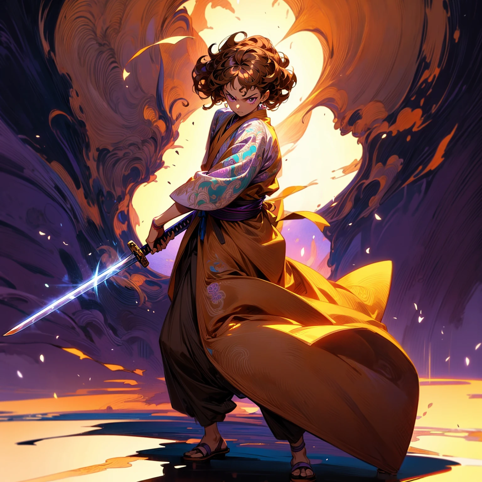 Solo character, full body version, young boy, tan skin, brown color hair, Curly hairstyle, purple eyes, Japanese tunic clothing, background is plain white, shadow, standing battle gesture, sword in hand, (one piece style art)