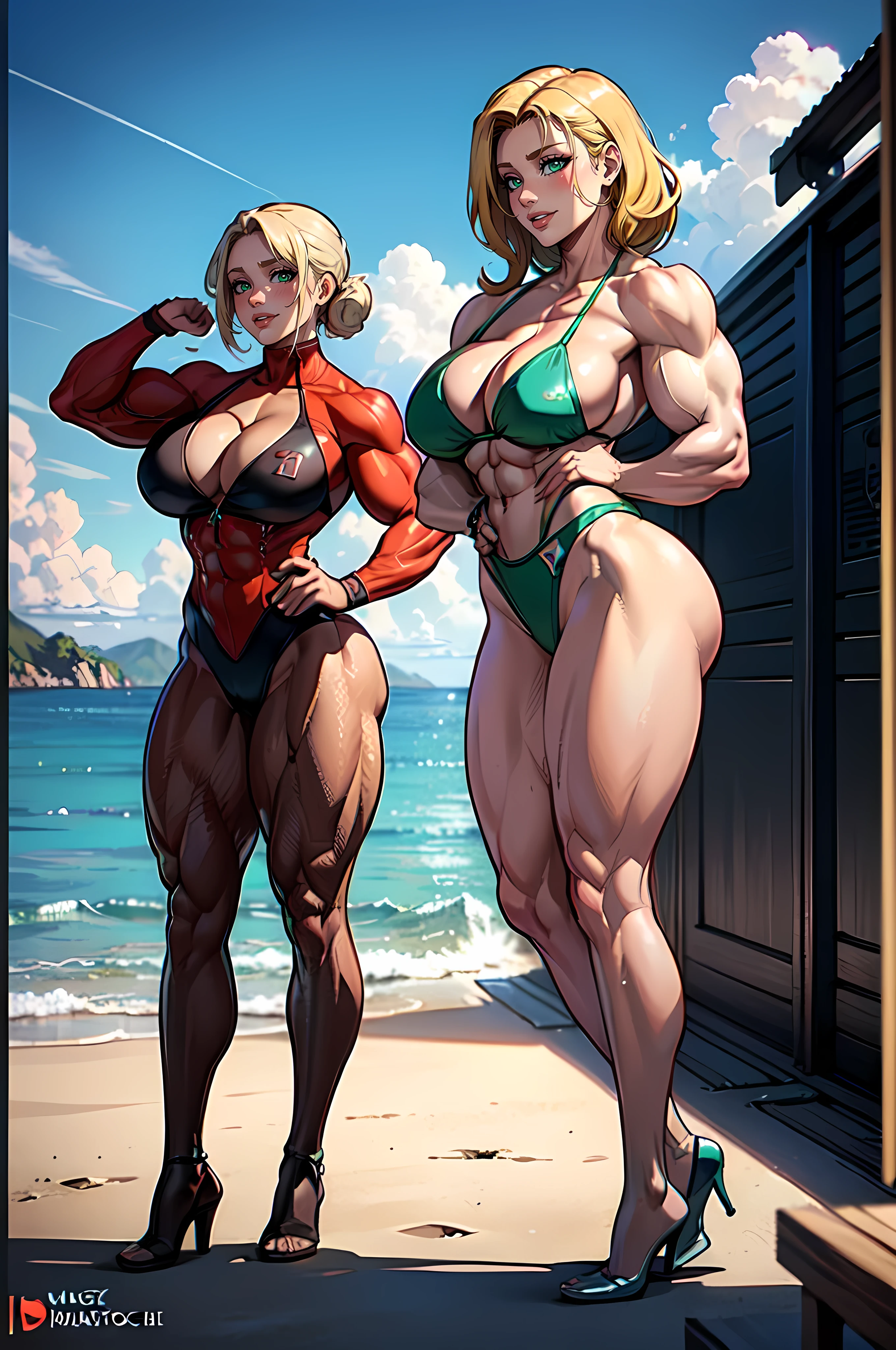 ((Masterpiece)), ((Best Quality)), Ultra High Resolution, HDR, absurderes, 8K, (1 girl), (Erotic Massive Female Bodybuilder:1.9), intricate details, ultra-detailed, dramatic lighting, blushing, smile, green eyes, short blonde hair, bob hair, (white micro bikini), in beach, gorgeous girl, large breasts:1.8, cleavage, gorgeous body, glossy skin, vivid colors, full body view, sharp focus, detailed illustration, detail background, outdoors, depth of field, shy, feminine, professional artwork, standing up