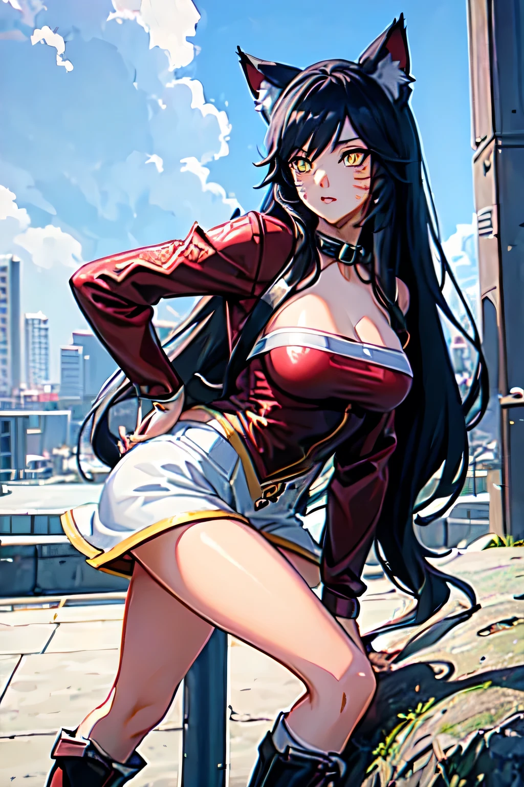 Ahri in casual modern clothing, full body drawing, masterpiece, best quality, IncrsAhri wearing jeans, ((wearing jeans)), ((wearing boots)), ((wearing hiking boots)), urban setting, jacket, open jacket, jeans, casual, long sleeves, anime girl with cat ears shirt and jeans, anime girl with fox tails, white fox tails, multiple fox tails, anime style, anime style, 8k, anime style 4 k, attractive anime girl, realistic anime artstyle, urban girl fanart, casual pose, seductive anime girl, digital anime illustration