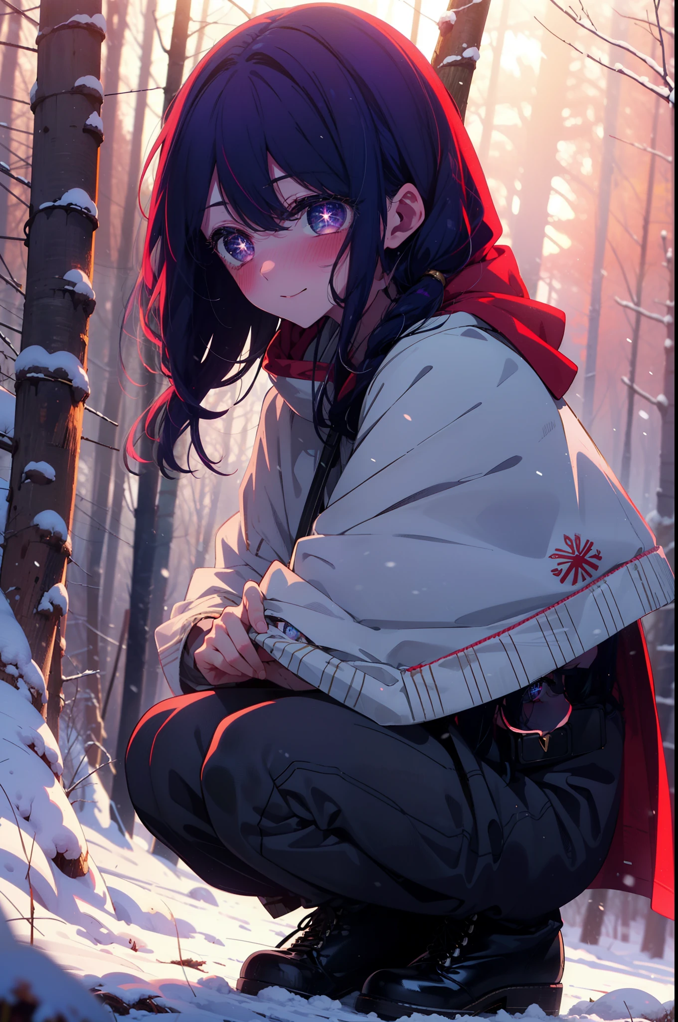 aihoshino, Ai Hoshino, Long Hair, bangs, (Purple eyes:1.1), Purple Hair, (Symbol-shaped pupil:1.5), smile,,smile,blush,white breath,
Open your mouth,snow,Ground bonfire, Outdoor, boots, snowing, From the side, wood, suitcase, Cape, Blurred, , forest, White handbag, nature,  Squat, Mouth closed, Cape, winter, Written boundary depth, Black shoes, red Cape break looking at viewer, Upper Body, whole body, break Outdoor, forest, nature, break (masterpiece:1.2), Highest quality, High resolution, unity 8k wallpaper, (shape:0.8), (Beautiful and beautiful eyes:1.6), Highly detailed face, Perfect lighting, Highly detailed CG, (Perfect hands, Perfect Anatomy),