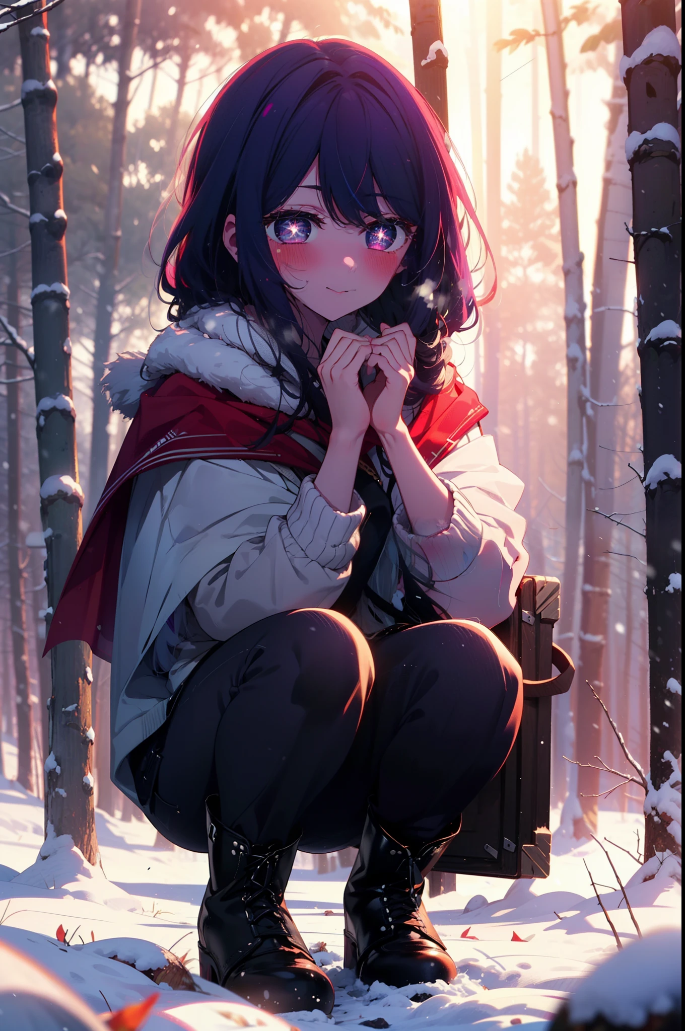 aihoshino, Ai Hoshino, Long Hair, bangs, (Purple eyes:1.1), Purple Hair, (Symbol-shaped pupil:1.5), smile,,smile,blush,white breath,
Open your mouth,snow,Ground bonfire, Outdoor, boots, snowing, From the side, wood, suitcase, Cape, Blurred, , forest, White handbag, nature, Squat, Mouth closed, Cape, winter, Written boundary depth, Black shoes, red Cape break looking at viewer, Upper Body, whole body, break Outdoor, forest, nature, break (masterpiece:1.2), Highest quality, High resolution, unity 8k wallpaper, (shape:0.8), (Beautiful and beautiful eyes:1.6), Highly detailed face, Perfect lighting, Highly detailed CG, (Perfect hands, Perfect Anatomy),