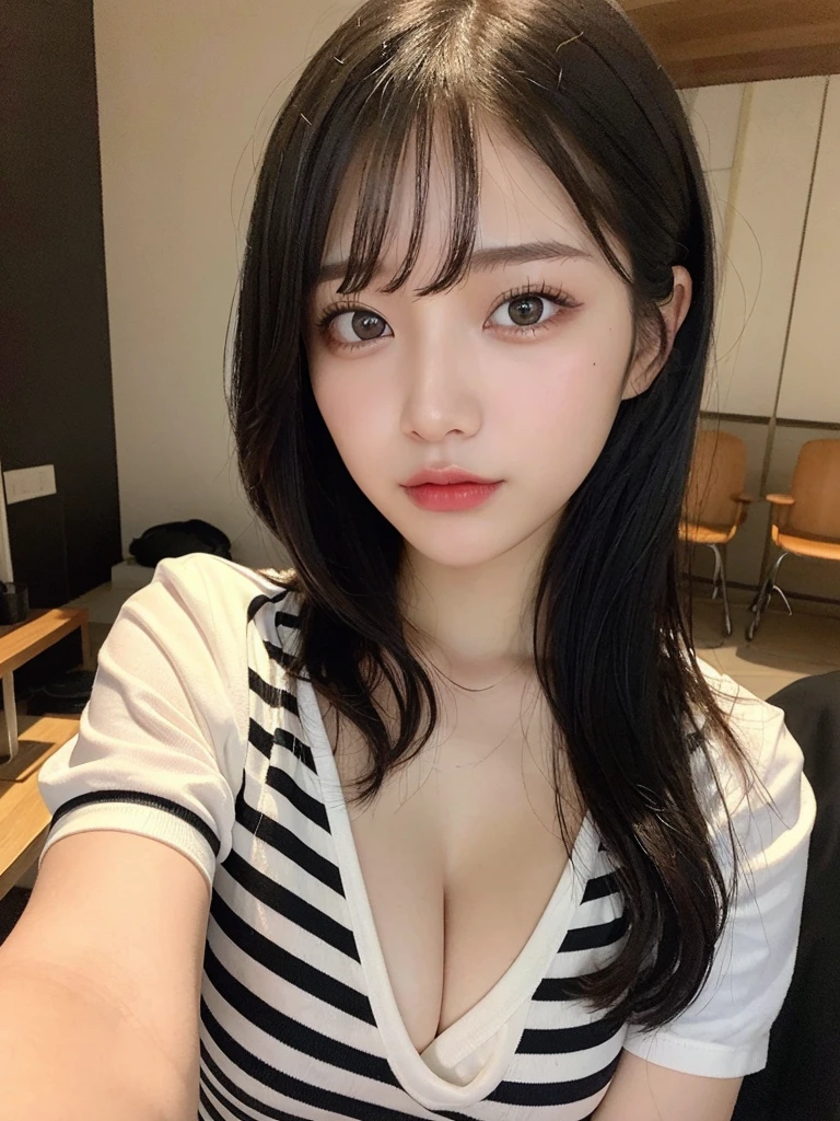 (masterpiece:1.3), (8k, Realistic, RAW Photos, Best image quality: 1.4), 23-year-old girl、(Random Hairstyles:1.2)、Highly detailed face、Attention to detail、double eyelid、Sharp focus:1.2、Beautiful woman:1.4、Black Hair、Highest quality、masterpiece、Ultra-high resolution、(Realistic:1.4)、Highly detailed and professional lighting、Striped shirt、thin、Long black hair、Deadly position、Beautiful Skin、Random Pause、Shiny Hair、Sculpture model pose、Japanese、Cleavage visible from the shirt