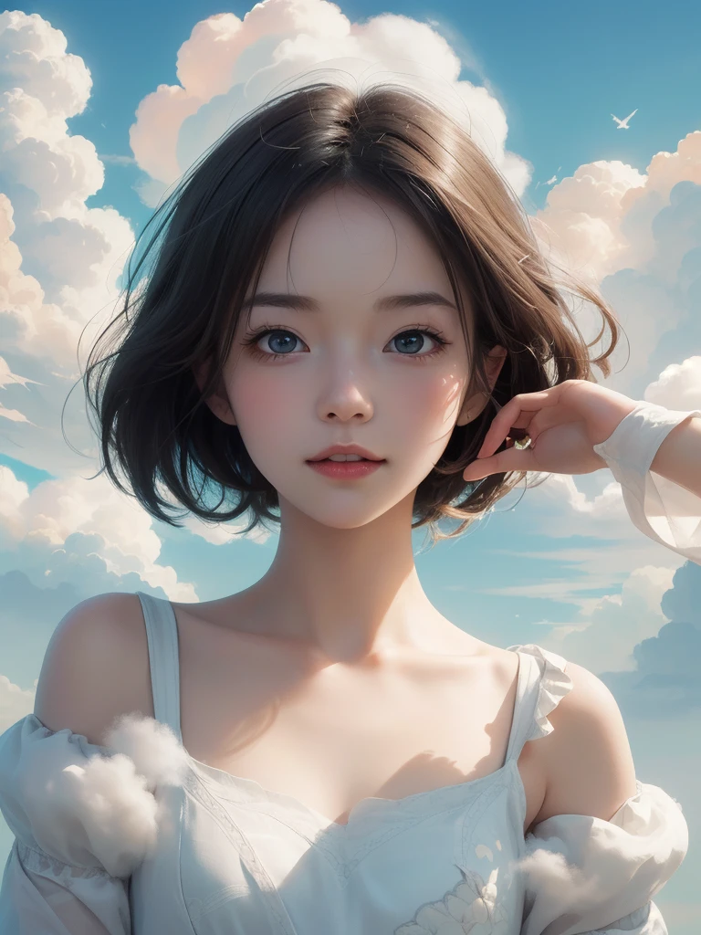 (masterpiece:1.1), (highest quality:1.1), (HDR:1.0), movie shot, 1girl, floating in the sky, cloud girl, cloud, (close-up:1.1), bright, happy, fun, soft lighting, (pattern, shapes, abstract:1.13)