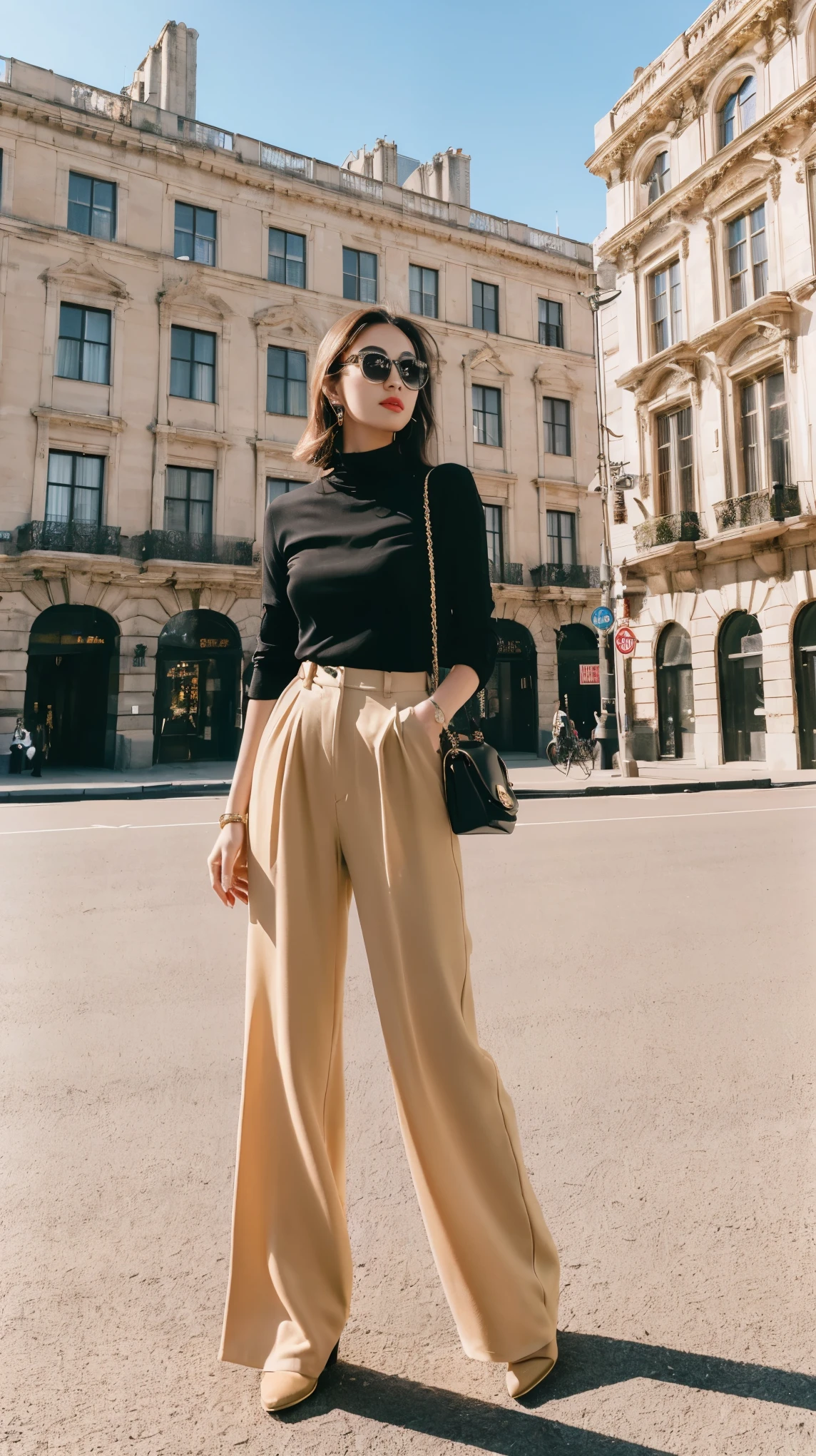 ((Highest quality, 8k, masterpiece:1.3、real:1.3))、Beautiful woman、snapshot、full body、sunglasses、City、trend:1.5、Black top、Beige wide pants、real、detailed、In front of the building