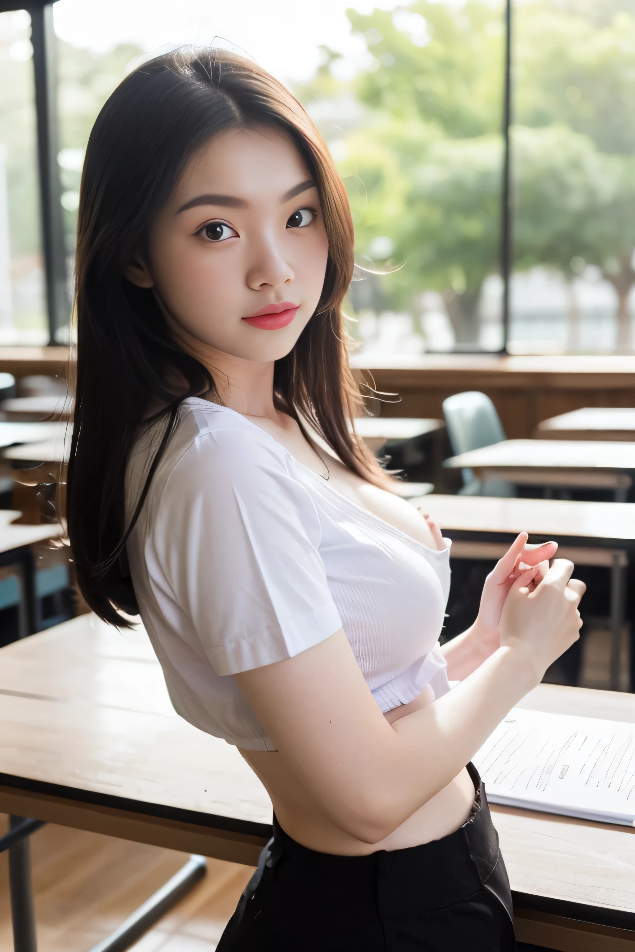 Close up,Beautiful girl with I-cup breasts, wearing a short white shirt and black A-line miniskirt, standing in a sexy pose, in a classroom, with a lecture table, a whiteboard, a sliding glass window, and sunlight streaming into the glass.  ,There is bokeh reflected in the window.