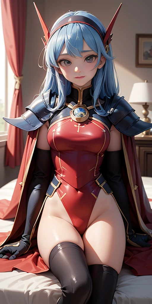 Felicia, thunder dragongirl, half thunder dragon, thunder dragon parts, Blue hair, Green eyes, busty, big breasts, big ass, happy, smile, sexy red armor, lewd, in the Room, 