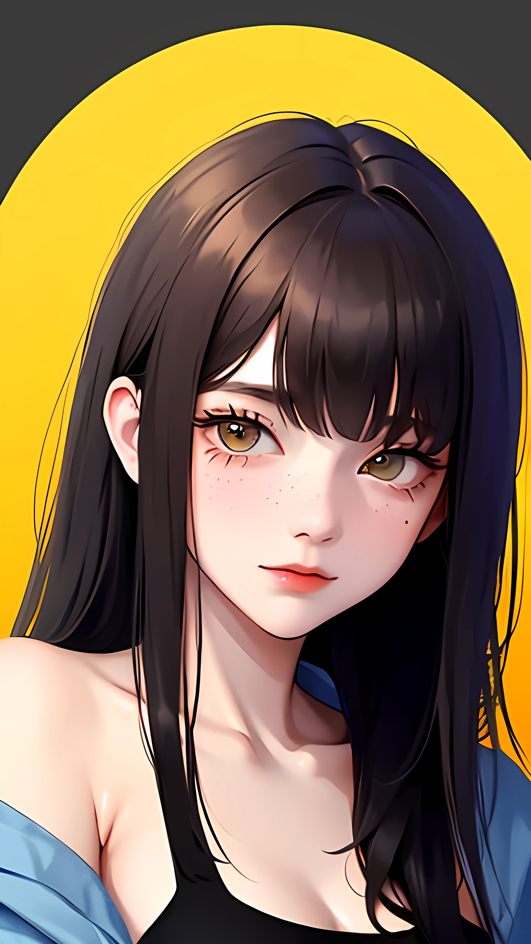 anime girl 20 years old with narrow eyes of different colors yellowish-green and dark ochre, a smoll mole under the eye, bruises under the eye, faint freckles only on the nose, straight dark brown hair below the shoulders, long bangs covering the left eye, pale skin, tired look, breasts of the second size, low height, 4k