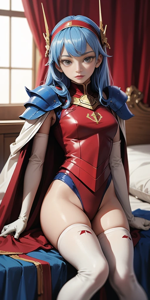 masterpiece, best quality, highres, 1girl umi ryuuzaki hairband headgear, red armor shoulder armor red cape elbow gloves leotard white thighhighs sitting on bed, bedroom background