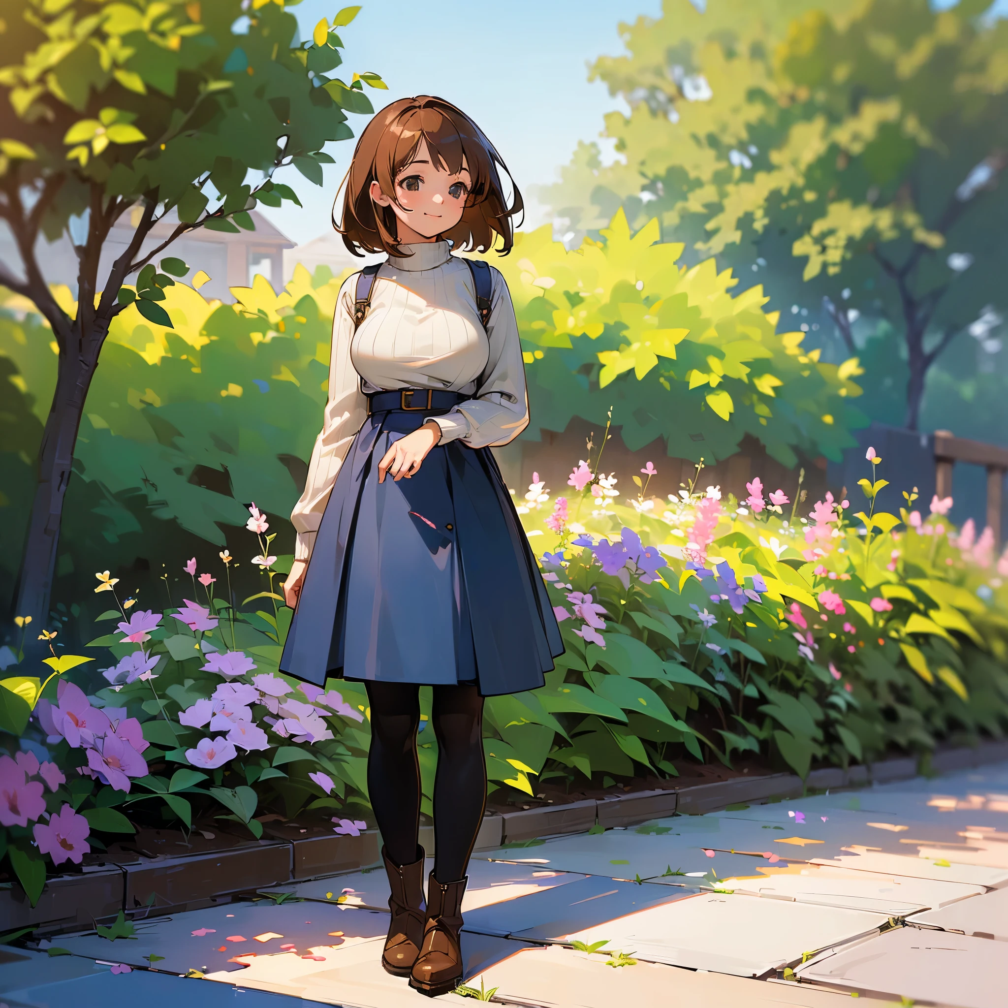 (high quality, High resolution, Very detailed, reality:1.37), Peaceful atmosphere, (Outdoor, garden), Teenage girl standing alone, (my breasts are big.), Beautiful details, Cute Smile, (Brown bob hair), Ribbed sweater, Blue Skirt, Black tights, Brown boots.