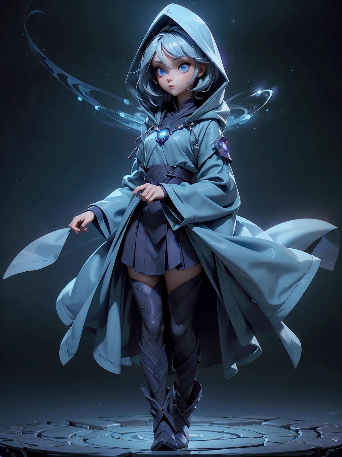 (((masterpiece, best quality, 16k))) full-body shot of a hooded girl with a perfect face, standing on a reflective ground. She is holding a source of blue and purple light energy, with many particles surrounding her. The environment is dark and misty, with the only source of light coming from the energy and particles, all glowing in blue and purple tones. The atmosphere is mysterious and otherworldly, with a misty haze drifting around her feet. Her face is partially obscured by the hood, and her eyes are focused intently on the luminous orb in her hands, astronomy back ground