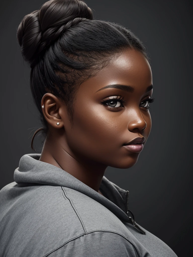 woman, plus size, face, hair bun, front view, looking at camera, african, black, hyper realism, dark grey background