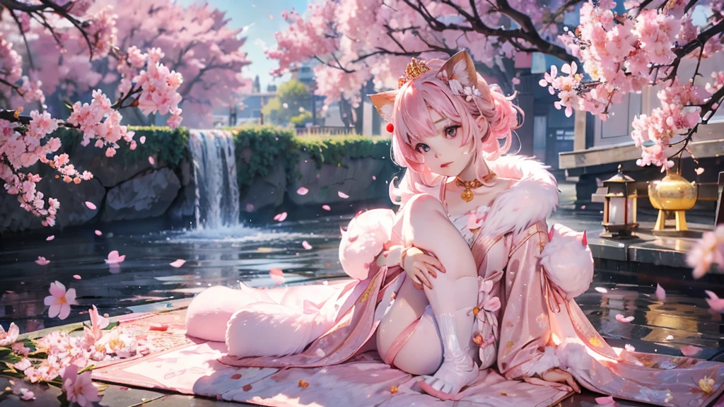 a small kitten with light pink fur and a furry tail wearing a tiara of golden flowers amidst cherry blossoms