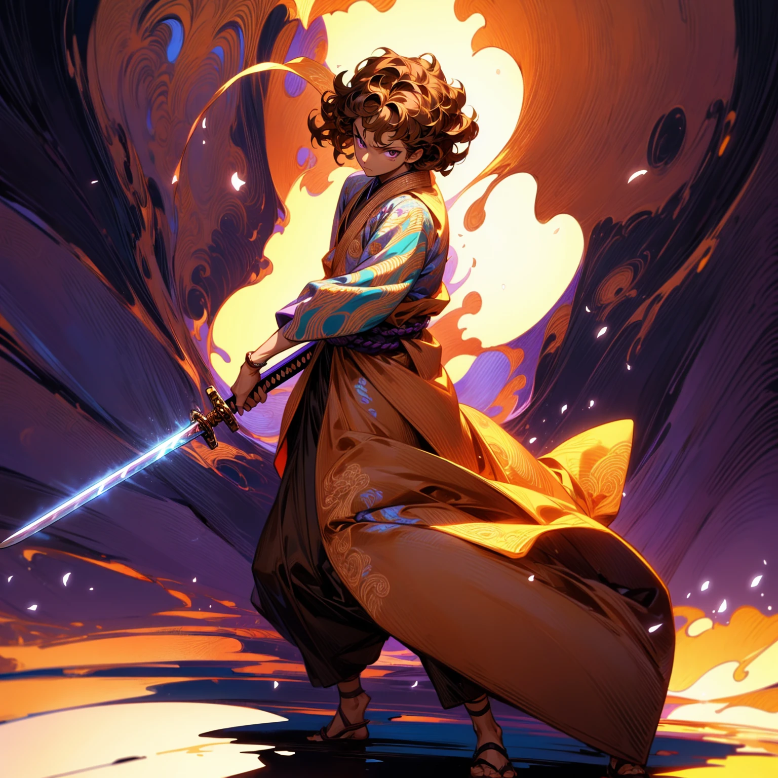 Solo character, full body version, young boy, tan skin, brown color hair, Curly hairstyle, purple eyes, Japanese tunic clothing, background is plain white, shadow, standing battle gesture, sword in hand, (one piece style art)