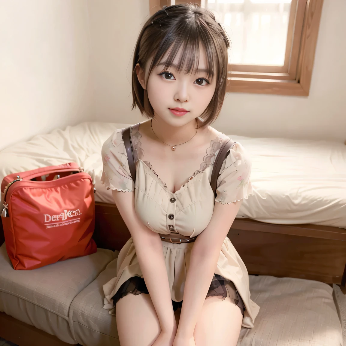 Highest quality, masterpiece, Ultra-high resolution, 8k, RAW Photos, Realistic, Anatomically correct:1.5), 20-year-old girl:1.2, Embarrassing, avert your eyes, blush:1.0, View Viewer, ((Hotel room at night)) 、(Dim lighting)、On the bed、Large windows、Night view、 Light:1.2, Bokeh, Cinema Lighting:1.0, sharp、 Cute Face、Idol、Short sleeve tulle top、Tulle skirt、(Black clothing)、”dwarf”、(Floral clothes)、(Full Body Shot)、Side angle、Cowboy Shot、Sexy pose、 smile、((Ultra short hair、Berry Short))、(Straight bangs)、(( One Girl))、(Waist)、(I can see your thighs)、(Accurate depiction)、((Fuller lips)),Large Breasts、Sit on the bed、