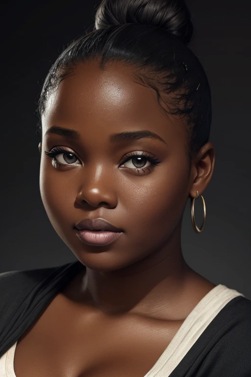 woman, plus size, face, front, hair bun, looking at camera, african, black, wet face, hyper realism, dark grey background