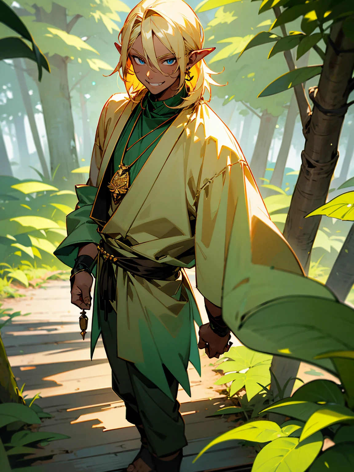 Young male, dark skin, blond hair, pointed ears, forest attire, mischievous grin, standing on path, with a leaf pendant